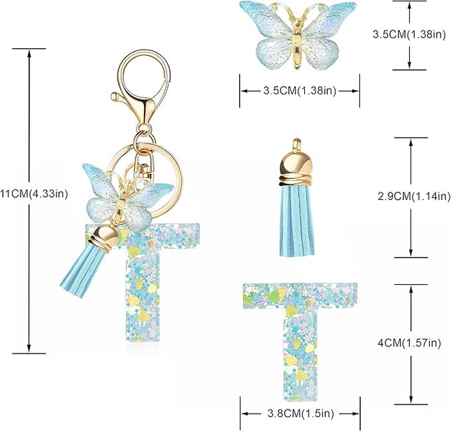 Fashion Alphabet Initial Letter Keychain Tassel Butterfly Pendant Key Ring for Purse Handbags Women Girl