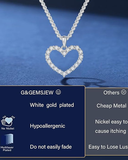G&GEMSJEW Heart Necklaces for Women, 1-2 Carats Moissanite, 18K White Gold-Plated 925 Sterling Silver Round Brilliant Cut Moissanite Imitation Diamond Necklaces, Jewelry Gifts for Christmas Valentine's Day,Anniversary Present for Wife Women
