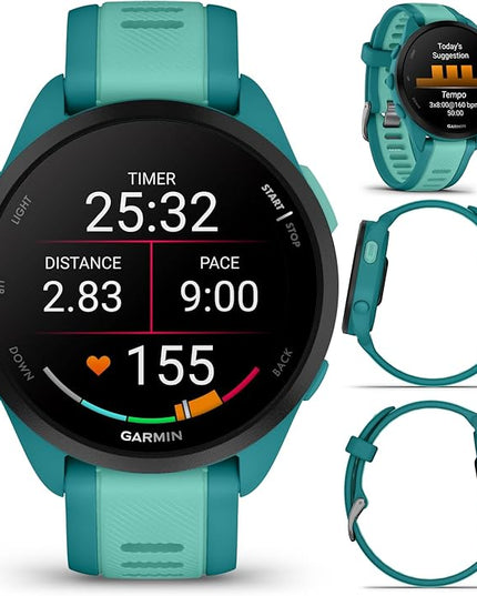 Wearable4U - Garmin Forerunner 165 Music Running Smartwatch, Colorful AMOLED Touchscreen, Training Metrics and Recovery Insights Includes PowerPack and Adapters Bundle, Turquoise/Aqua