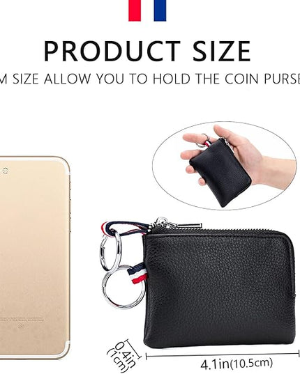 Plinvo Mini Genuine Leather Wallet Coin Purse with Dual Keyrings Compact Change Pouch and Card Holder for Men and Women (Black)