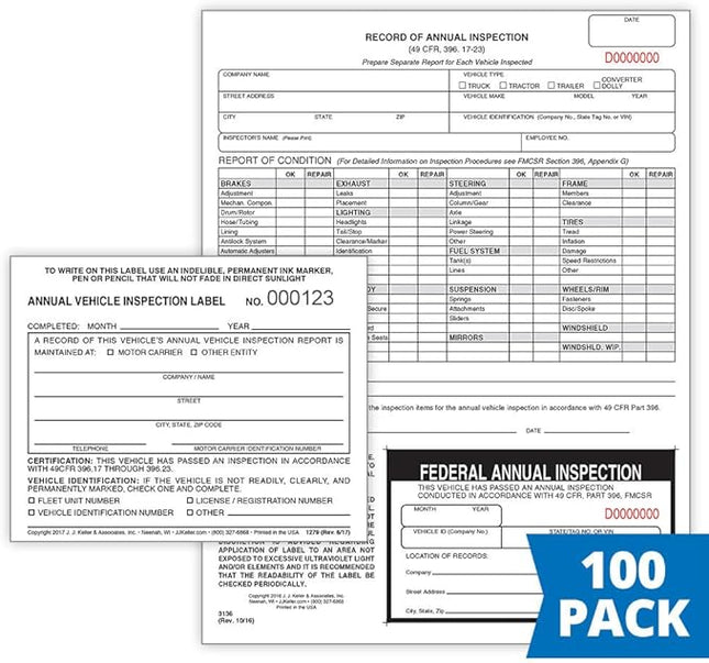 J. J. Keller 100-Pack, Record of Annual Inspection Form with Inspection Label & Prenumbered Vinyl Adhesive Label 2-Ply, 2-Ply Carbonless Form, DOT Compliant