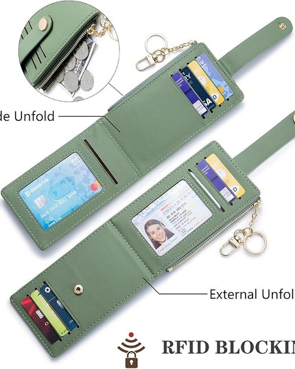 POIUGOYA Slim Wallet for Women,RFID Blocking Bifold Credit Card Holder with Zipper Coin Pocket,ID Window,Keychain