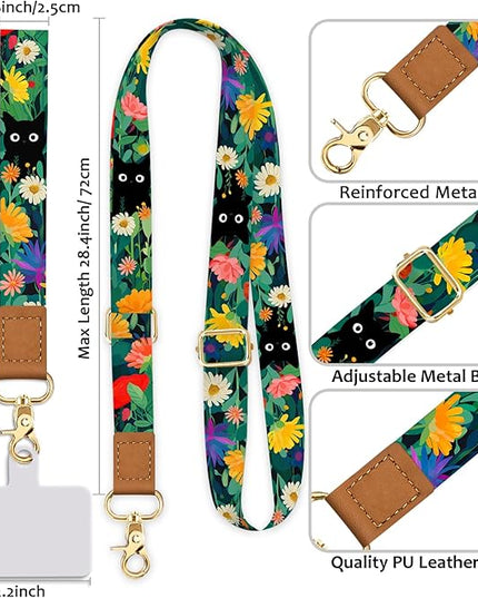 Phone Lanyard Crossbody with Wrist Strap, Flower Cat Cell Phone Lanyards for around the Neck Wristlet Adjustable Strap Cute for Keys Case ID Badges Accessories
