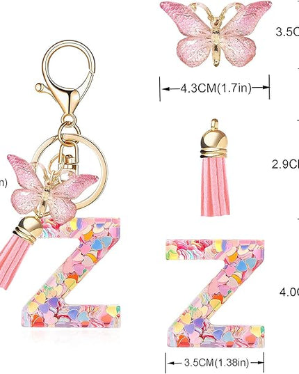 Fashion Alphabet Initial Letter Keychain Tassel Butterfly Pendant Key Ring for Purse Handbags Women Girl