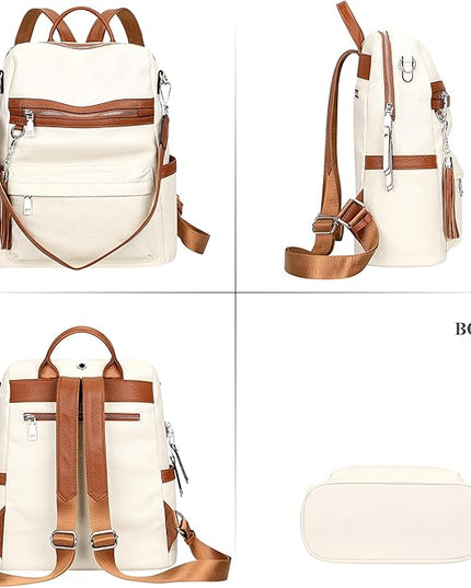 ALTOSY Genuine Leather Backpack Purse for Women Convertible Shoulder bag Soft Crossdody Bag with Laptop Compartment Large (S108 White/Brown)