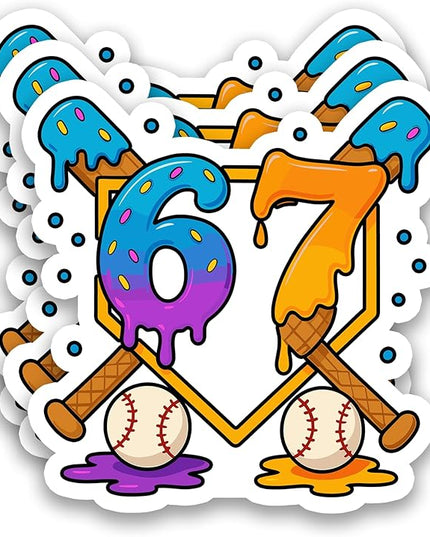 (3Pcs) Baseball Drip Number 67 Player Stickers Funny Baseball 67 Ice Cream Vinyl Decal Waterproof Sticker for Water Bottle, Tumbler, Laptop, Phone Case, 3" x 3"