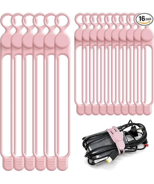 Nearockle Silicone Cable Ties Cord Organizer for Cable Management, 16PCS 4.2" and 7.1" Reusable Cable Organizer Electronic Accessories for Home, Office, Kitchen, School, Travel (Pink)