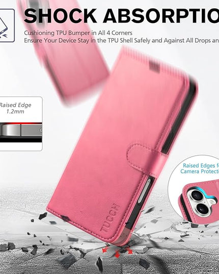 TUCCH Wallet Case for iPhone 16, Kickstand PU Leather Magnetic Protective Flip Cover with [RFID Blocking] [4 Card Slots] [TPU Interior Case] Compatible with iPhone 16 5G 2024, Hot Pink