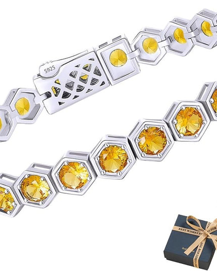Birthstone Tennis Bracelets for Women Birthday Gifts 925 Sterling Silver Hexagon White Gold Bracelets Round Cut 5A Cubic Zirconia Prong Setting 7 Inch Anniversary Jewelry Gift