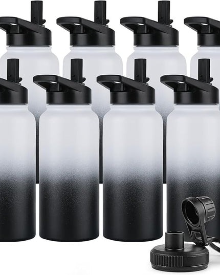 DOMICARE 32 oz Insulated Water Bottle Bulk, Vacuum Insulated Stainless Steel Sports Water Bottle with Straw Lid & Spout Lid, Leakproof, Reusable - Travel, Bike, Black White Gradient (8 Pack)