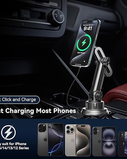 Miracase for Magsafe Car Mount Charger, 15W Fast Charging Cup Holder Phone Holder Wireless Magnetic Charger with Heat Dissipation System Only Fit iPhone 16/15/14/13/12 Series