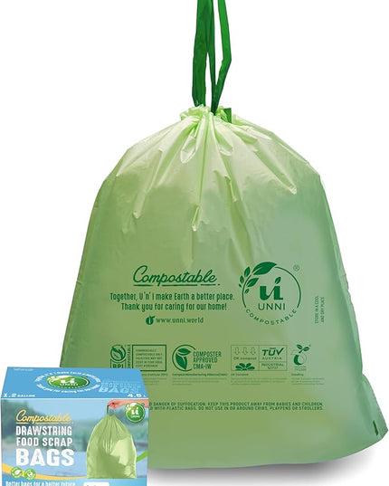 UNNI Compostable Drawstring Bags, 1.2 Gallon, 4.5 Liter, 80 Count, Heavy Duty 1 Mil, Small Kitchen Food Scrap Waste Bags, ASTM D6400, US BPI, CMA & Europe OK compost Certified, San Francisco