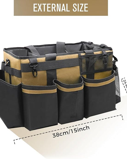 Wearable Cleaning Caddy Organizer with Handle & Shoulder Straps for Housekeepers, Under Sink & Car Cleaning Tool Organizer Bag with 4 Foldable Dividers (Tan)