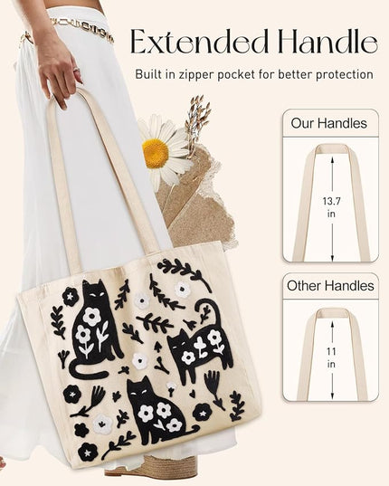 Embroidery Canvas Tote Bag for Women - Reusable Totes with Pocket & Buckle Aesthetic Cute Grocery Shoulder Bag