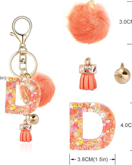 Resin Alphabet Initial Letter Keychain Keyring for Women Purse Handbags With Fur Ball Pom