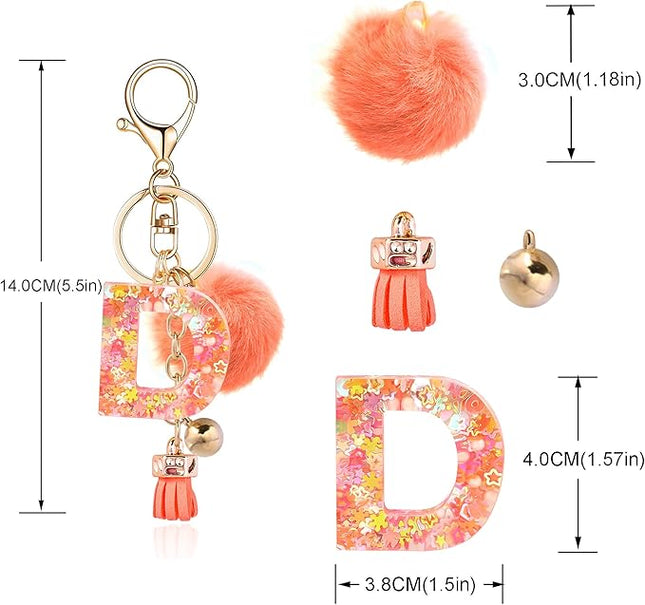 Resin Alphabet Initial Letter Keychain Keyring for Women Purse Handbags With Fur Ball Pom