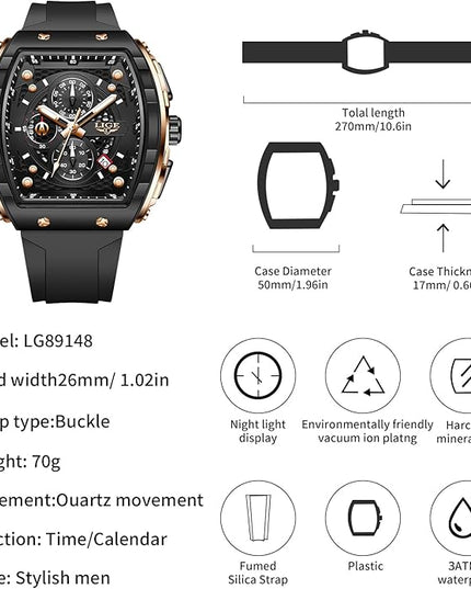 Mens Watches,Unique Rectangular Quartz Analog Watch,Outdoor Sports Multi-Function Watch,Chronograph/Waterproof/Luminous/Calendar,Durable Silicone Strap Mens Casual Watches