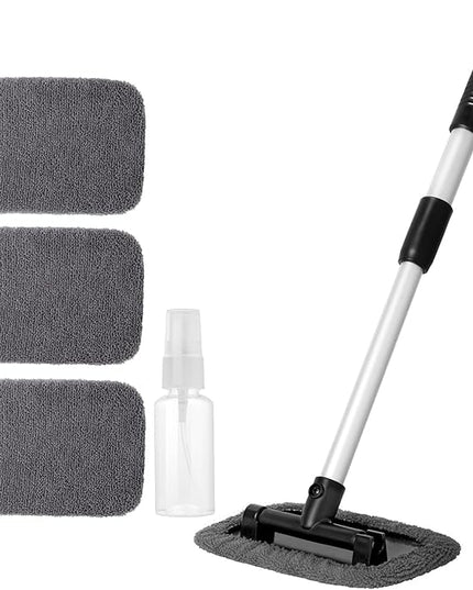 11pcs Windshield Cleaner Tool, Car Window Cleaning Wash Kit with 6 Reusable Microfiber Pads 2 Spray Bottles and Extendable Handles Auto Glass Wiper Kit, Gray