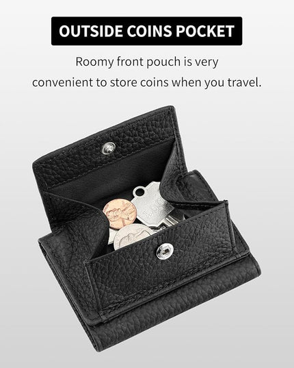 Unisex RFID Genuine Leather Wallet Compact Trifold with Coin Pouch & Card Slots Black (Black)