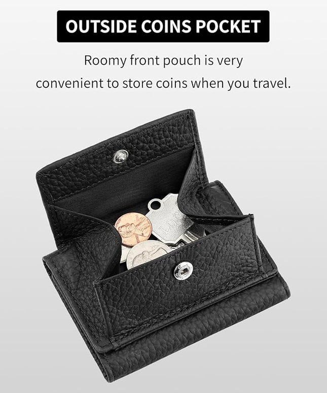 Unisex RFID Genuine Leather Wallet Compact Trifold with Coin Pouch & Card Slots Black (Black)