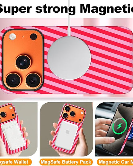 Magnetic for iPhone 17 Pro Max Case Cute Diagonal Stripes Phone Case, Shockproof Slim TPU and Hard PC Protective Phone Cover Compatible with MagSafe Designed for Women Girls,Red