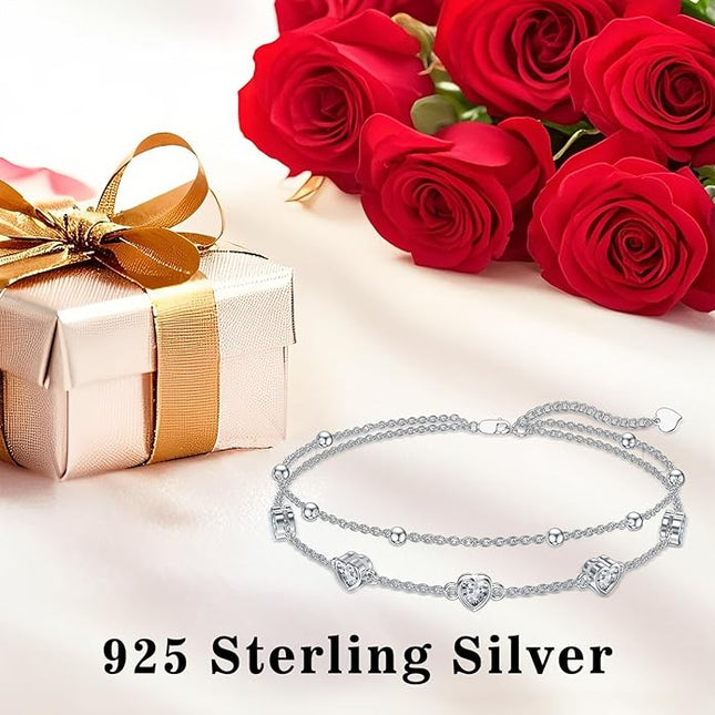 Dorunmo 925 Sterling Silver Heart Birthstone Anklet Bracelets for Women Best Mother's Day Birthday Jewelry for Wife Girlfriend Mom Daughter Her
