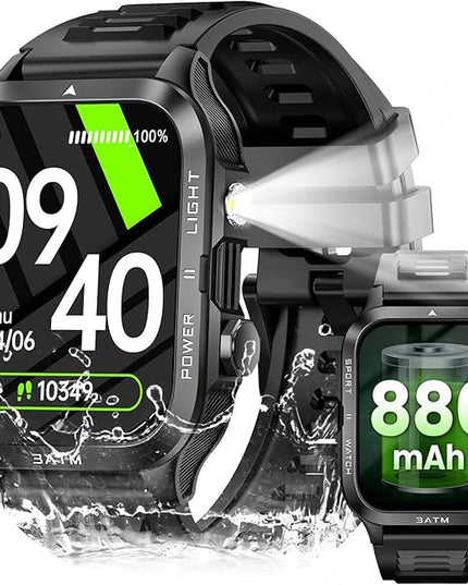 Military Smart Watches for Men (Answer/Make Calls) with Powerful Flashlight 1.96" HD, Outdoor Tactical Smartwatch with Big Battery 880mAh Sport Modes Health Monitor 3ATM for iPhone/Android (Black)
