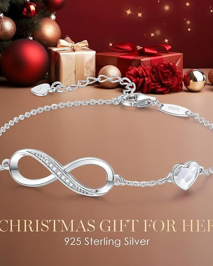 CDE Valentine's Day Gift Infinity Heart Birthstone Charm Link Bracelet for Women 925 Sterling Silver Adjustable Mother's Day Christmas Day Gift Anniversary Birthday Jewelry for Wife Girlfriend Her