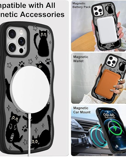 Cute Case for iPhone 12 Pro Case [Compatible with MagSafe] with Kawaii Black Cats Cat Print Pattern Design for Women Girls, Soft Wavy Edge Anti-Slip Animal Magnetic Protective Phone Cover
