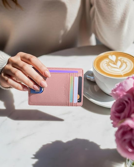 Buffway Slim Minimalist Front Pocket RFID Blocking Leather Wallets for Men and Women - Lichee Pink