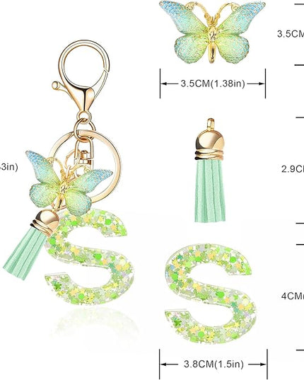 Fashion Alphabet Initial Letter Keychain Tassel Butterfly Pendant Key Ring for Purse Handbags Women Girl