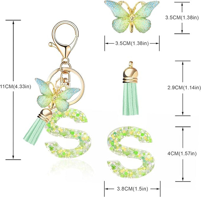 Fashion Alphabet Initial Letter Keychain Tassel Butterfly Pendant Key Ring for Purse Handbags Women Girl