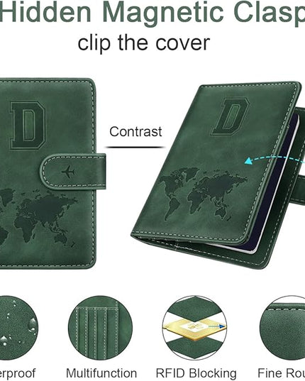 Personalized D Passport Holder Cover Initial Letter Travel Wallet RFID Blocking Passport Cover Credit Card Holder Case Passport Book Holders for Women and Men, Pine Green-D