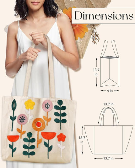 Embroidery Canvas Tote Bag for Women - Reusable Totes with Pocket & Buckle Aesthetic Cute Grocery Shoulder Bag