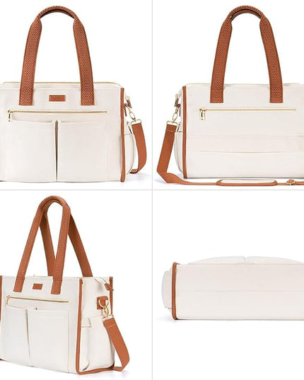 Canvas Tote Bag for Women, 15-Pockets Work Laptop Tote Purse Large Crossbody Nurse Teacher Bible Bag for School Travel Daily | with Strap & Zipper, Multi Compartment, Stand Upright Stably, College Shoulder Bag, Clinical Nursing Bag, Ideal Gift for Women