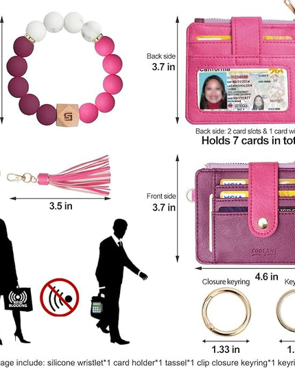 COOLANS Silicone Bracelet Wristlet Wallet Credit Card Holder RFID,ID Window,Key Ring Tassel,Slim Wallet Women Keychain Purse