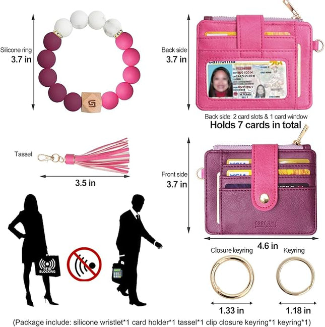 COOLANS Silicone Bracelet Wristlet Wallet Credit Card Holder RFID,ID Window,Key Ring Tassel,Slim Wallet Women Keychain Purse
