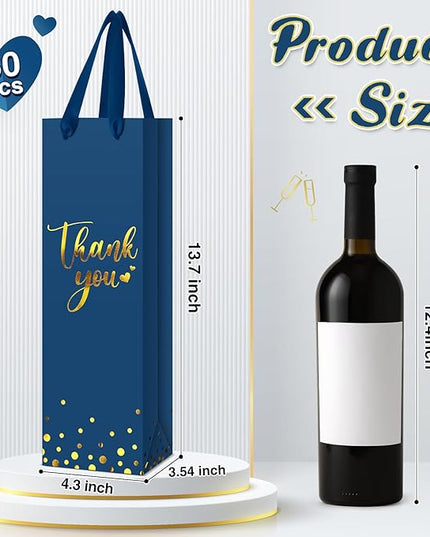 Ctosree 30 Pcs Wine Bottle Gift Bag with Handle 4.3x3.5x13.7 Liquor Paper Bag for Thank You Favor Gold Foil Kraft Whiskey Tote Carrier for Wedding Birthday Bridal Valentine's day Party(Business Blue)