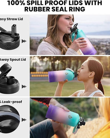 Insulated Water Bottle 87 oz, Triple Wall Vacuum Stainless Steel (Cold for 48 Hrs), Leak Proof & Non-BPA, Modern Water Flask Jug with Paracord Handle & Straw Spout Lids, Hydrangea