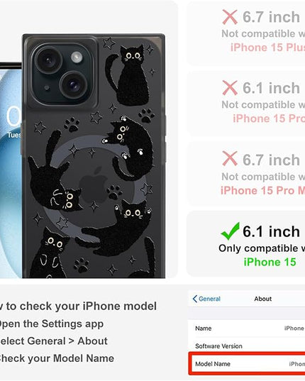 Cute Case for iPhone 15 Case for Women Girls Boys [Compatible with Magsafe] Kawaii Black Cats Cat Pattern Design, Aesthetic Girly Animal Rectangle Magnetic Protective Phone Cover