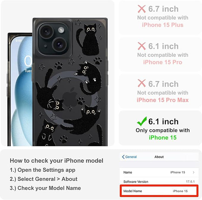 Cute Case for iPhone 15 Case for Women Girls Boys [Compatible with Magsafe] Kawaii Black Cats Cat Pattern Design, Aesthetic Girly Animal Rectangle Magnetic Protective Phone Cover