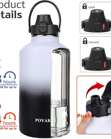 Water Bottle Insulated 32oz 40oz 64oz 128oz Straw Lid Spout Lid & 3 Lids, Leak Proof, Vacuum Insulated,Stainless Steel Water Bottle Wide Mouth for Sports, Gym or Office