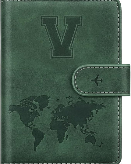 Personalized V Passport Holder Cover Initial Letter Travel Wallet RFID Blocking Passport Cover Credit Card Holder Case Passport Book Holders for Women and Men, Pine Green-V