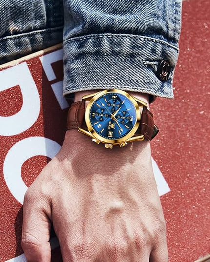 OLEVS Men's Watches Leather Strap Analog Quartz Watch, Fashion Big Dial Date Waterproof Watch, Dress Luxury Luminous Men Watches