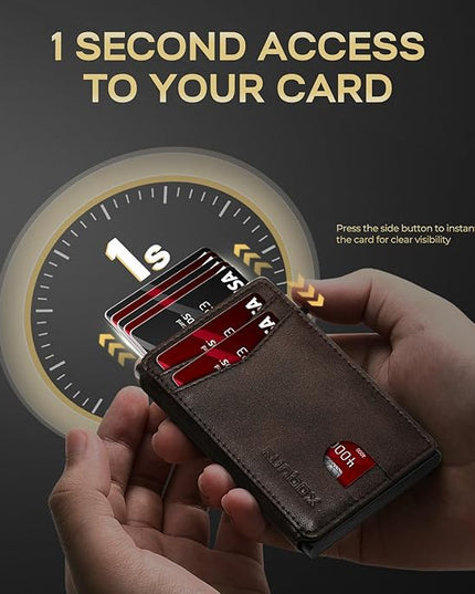 RUNBOX Slim Card Wallet for Men with ID Window – Minimalist RFID Wallet, Pop-Up Function, Ultra Thin Design, Metal Business Card Case Holds 8+ Cards, Gifts for Men, Men's Accessories