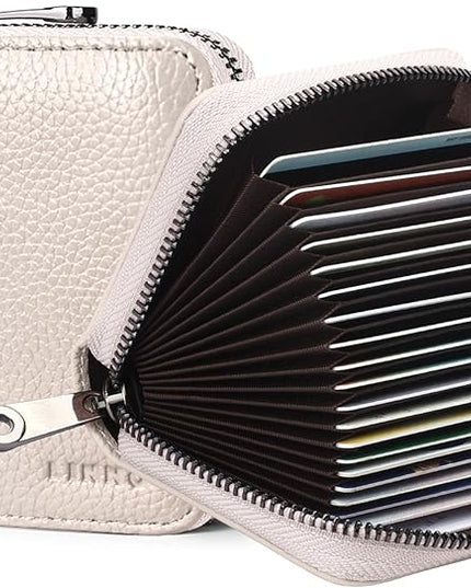 Linno RFID 20 Slots Credit Card Holder Genuine Leather Small Wallet for Women or Men with Zipper