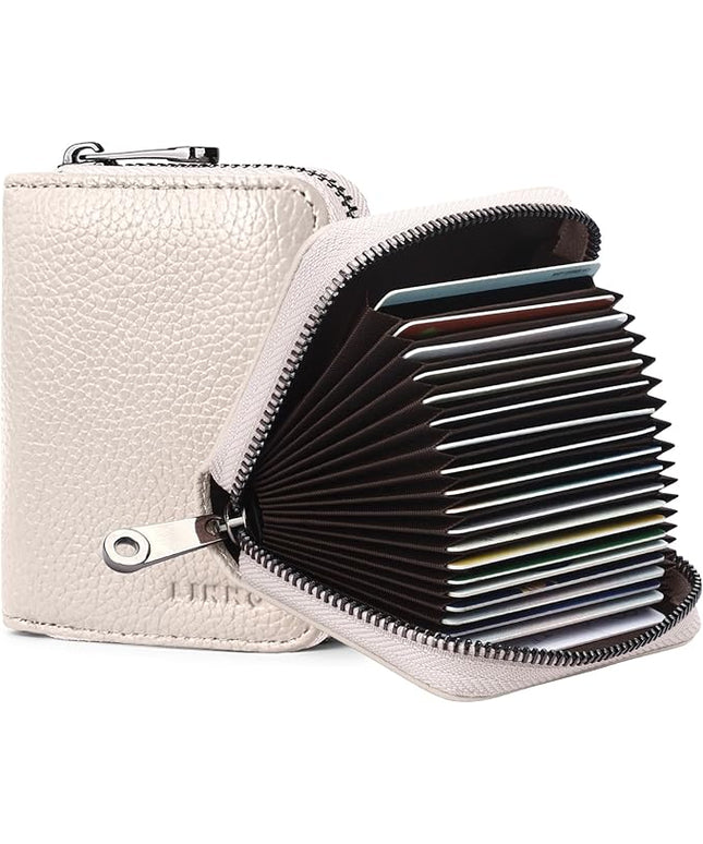Linno RFID 20 Slots Credit Card Holder Genuine Leather Small Wallet for Women or Men with Zipper