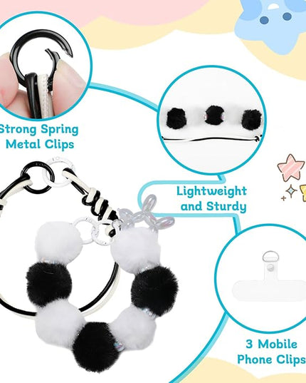 2 Pcs Phone Charm Wrist Strap with Tether Tab, Double Anti Lost Fluff Ball Beaded Wrist Lanyard, Detachable Leather Phone Charms for Bag, Key Chains, Camera Decor