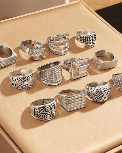 KISS WIFE Cool Rings Set for Women, Vintage Silver Punk Rings Bulk, Gothic Chunky Knuckle Emo Stackable Finger Ring Pack Western Jewelry Gift for Her
