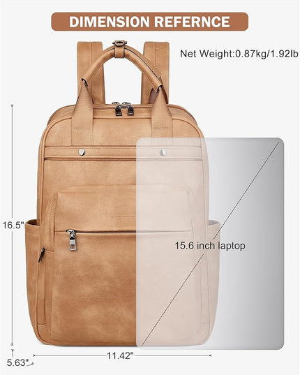 MASINTOR Leather Laptop Backpack for Women, Stylish Computer Backpack College Business Work Shoulder Bags Work and Travel Retro Camel